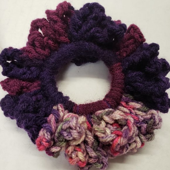 Woman's Handmade Crochet 2 Scrunchies and Flower Headband Purple Multicolor - Picture 6 of 11